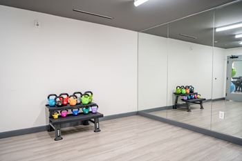 Commercial-style kettlebell storage rack with assorted weight kettlebells.